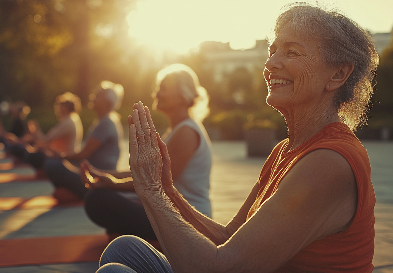 Група людей старшого віку практикує йогу